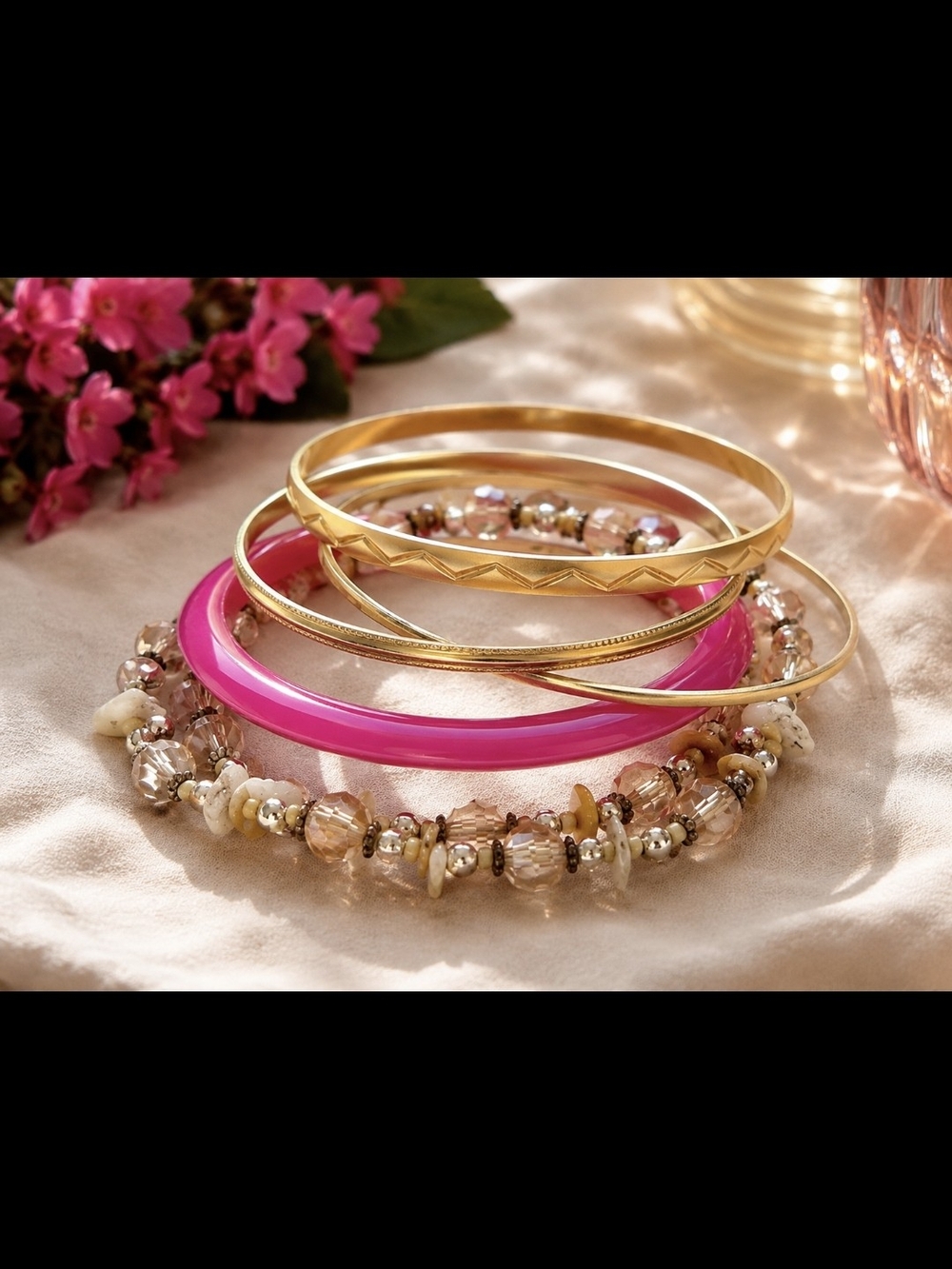 Gold and Hot Pink Mixed Bangle Set - Women's Jewelry